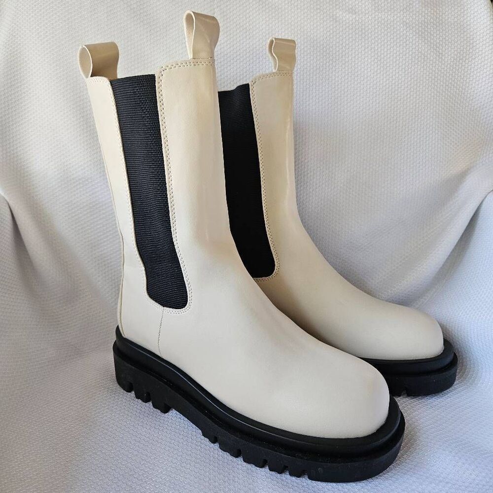 White Leather Lug Sole Boots Size 38